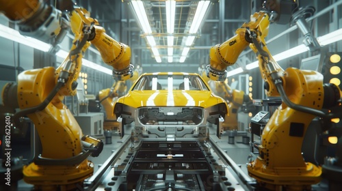 Advanced robotic arms assembling a yellow car in a modern industrial factory