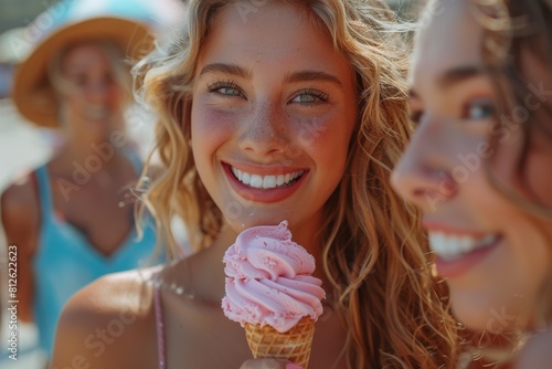 Close-up of a joyful young girl with friends holding a pink ice cream on a sunny day