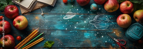 Colorful school supplies and fresh apples arranged on a chalkboard background