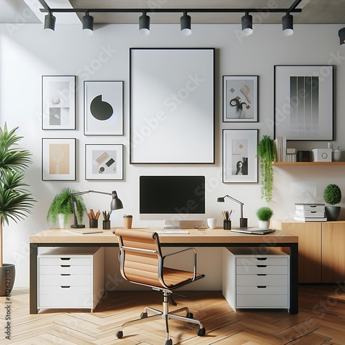 A desk with a computer and a plant on the wall image art photo. © Colon
