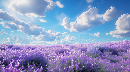 A field of delicate lavender flowers swaying gently in the summer breeze, under a clear blue sky with fluffy white clouds.