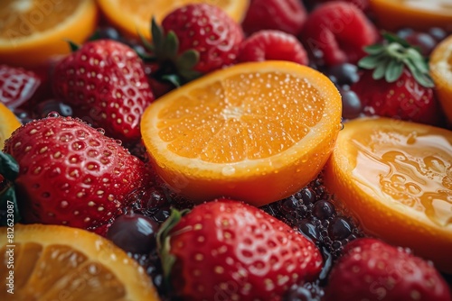 A vivid close-up shot of sliced oranges and strawberries with droplets of water