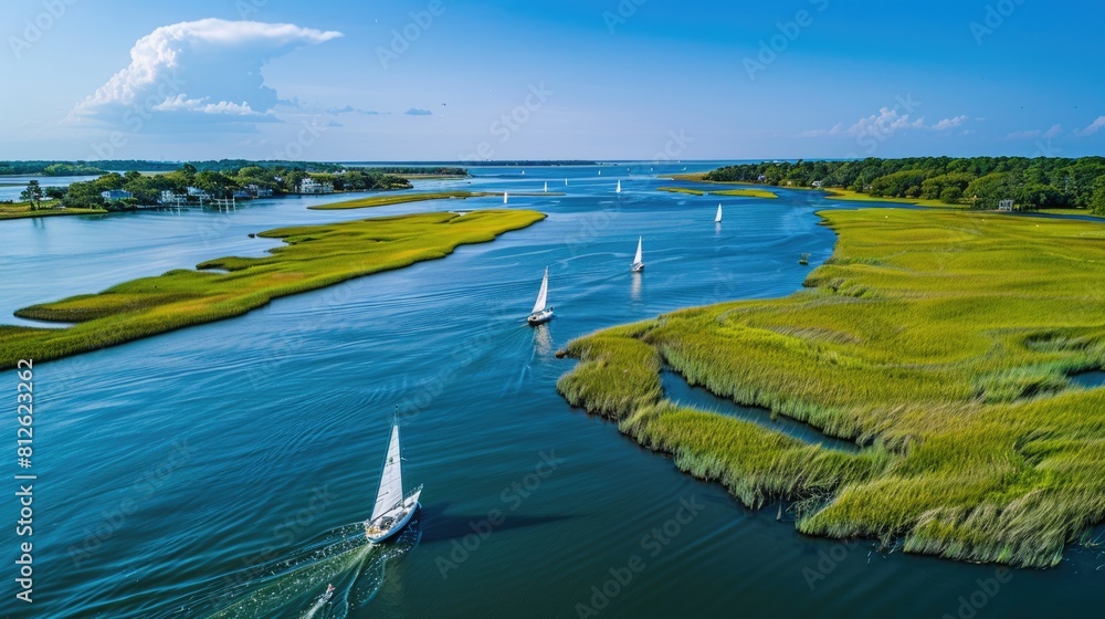 Fototapeta premium Lowcountry Marsh Scenery in Charleston, South Carolina: Sailboats Crossing Blue Tidal Cooper River