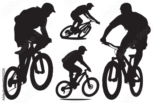 jumping bicyclist silhouettes in black on white background