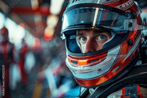 A motorsport race car driver's helmeted head with blurred background, likely standing in the pits or garage © Larisa AI