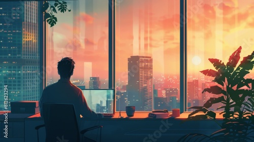The photo shows a man sitting at his desk, looking out the window at the sunset