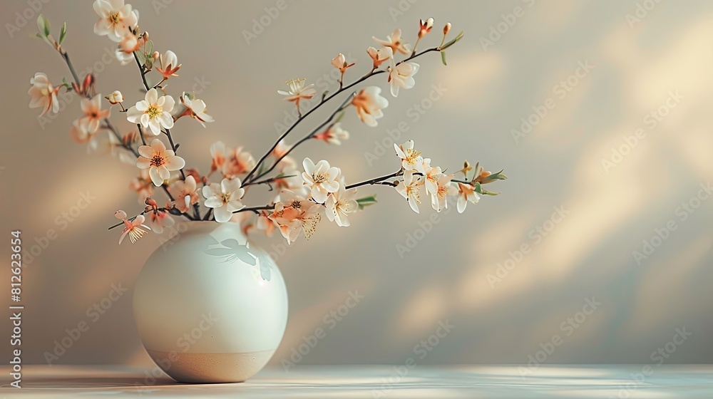 Soft orange blossoms in a spherical vase, beautifully illuminated by natural light creating tranquil shadows.