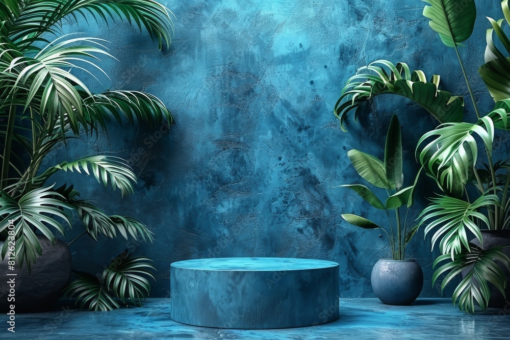 Contemporary design space with an empty round podium against a vibrant blue textured wall Contemporary design space with an empty round podium against a vibrant blue textured wall