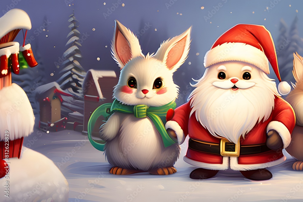 Obraz premium Santa-clad cute animals. Generative ai.