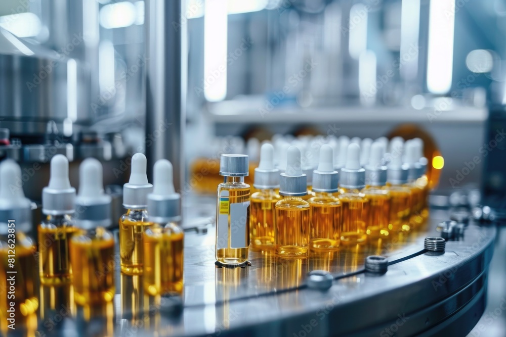 Bottles of oil on a factory conveyor belt, suitable for industrial concepts Bottles of oil on a factory conveyor belt, suitable for industrial concepts