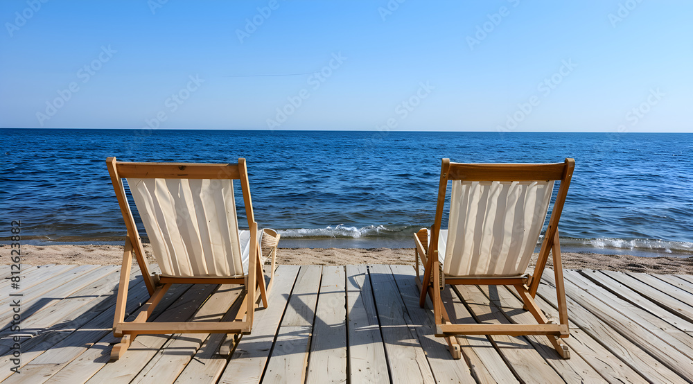 Two beach chairs are on a wooden pier overlooking the ocean. The scene is peaceful and relaxing, perfect for a day of sunbathing and enjoying the view. Generative AI