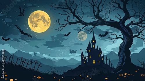 Graveyard cemetery to castle In Spooky scary dark Night full moon and bats on dead tree