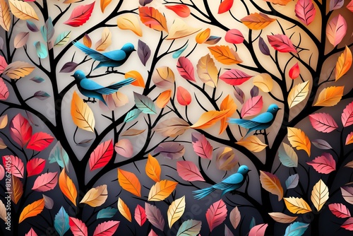 a painting of colorful leaves and branches with a bird on the top.