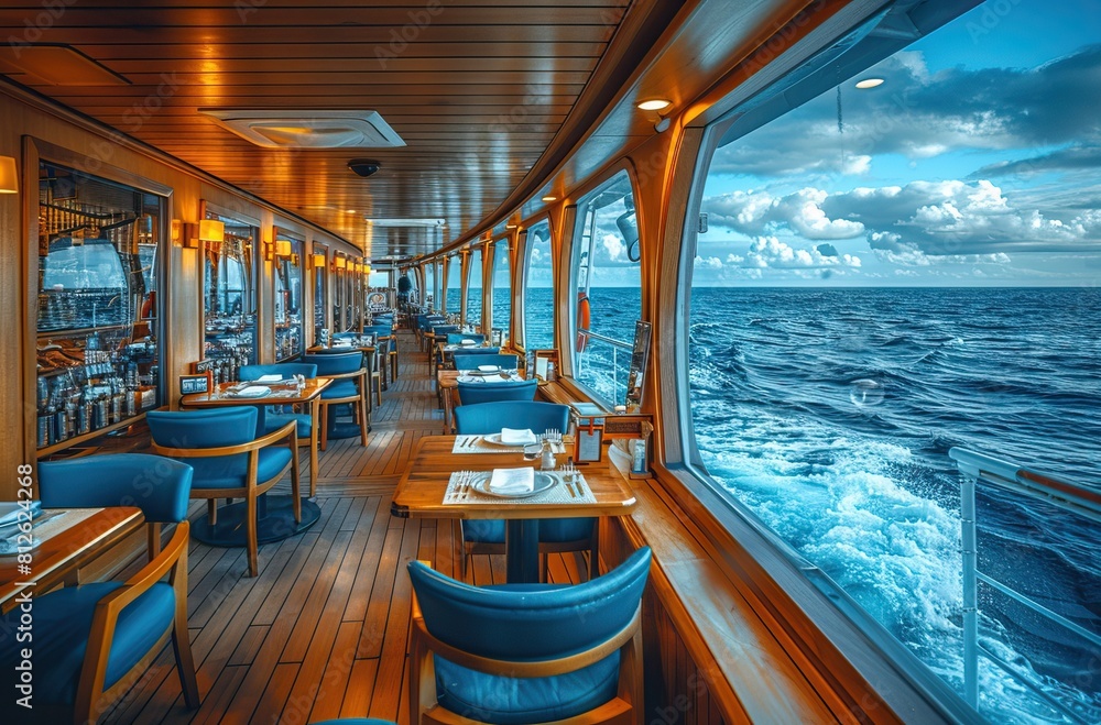 Fototapeta premium Scenic view of the interior deck cafe on a cruise ship with panoramic windows overlooking the ocean, tables and chairs for dining or socializing. 