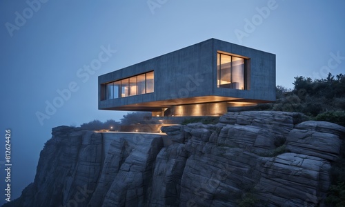 modern house is perched on a cliff, with a large concrete structure on the side of a mountain. The house is lit up from the inside, casting a warm glow on the exterior. © petrovk
