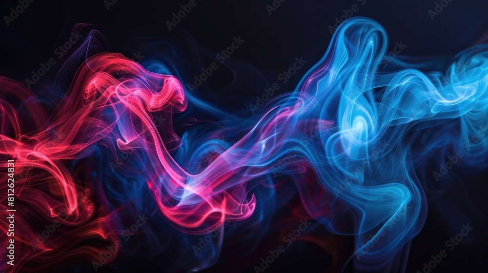 Swirl Blue. Red and Blue Fog in Neon Light, Abstract Smoke on Black Background