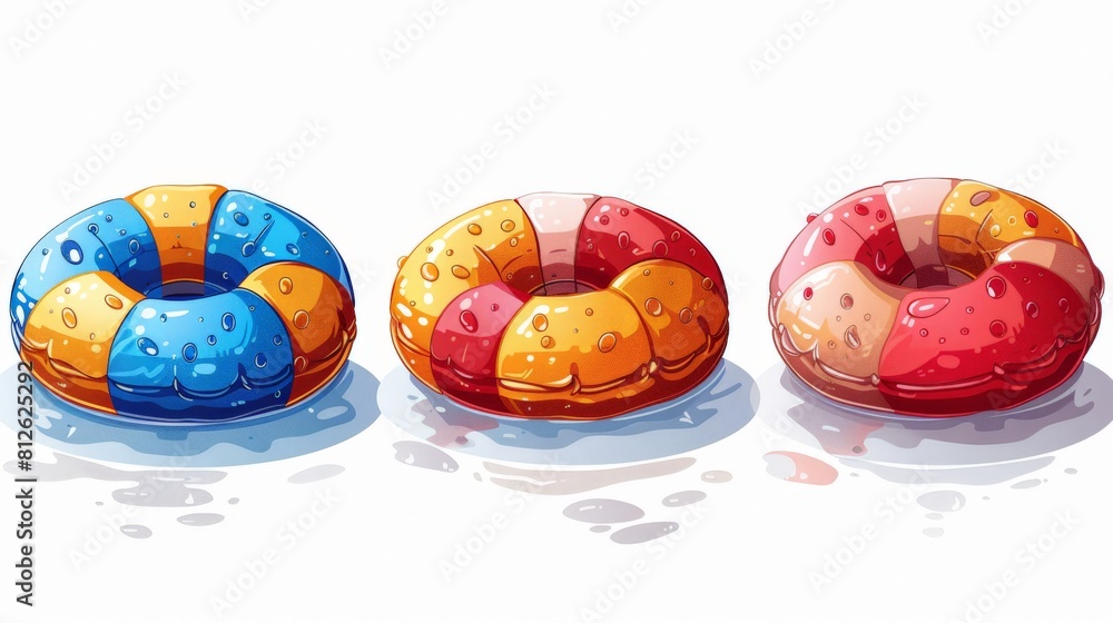 Fototapeta premium 3 cute flat cartoon swimming circles, white background in svg format, made in a minimalist style with soft edges and small details, red-blue-yellow color scheme, simple shapes, no shadows in the desig