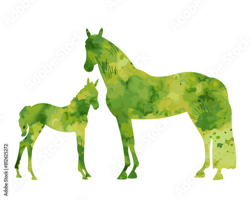 Watercolor vector silhouettes of a mare with a foal