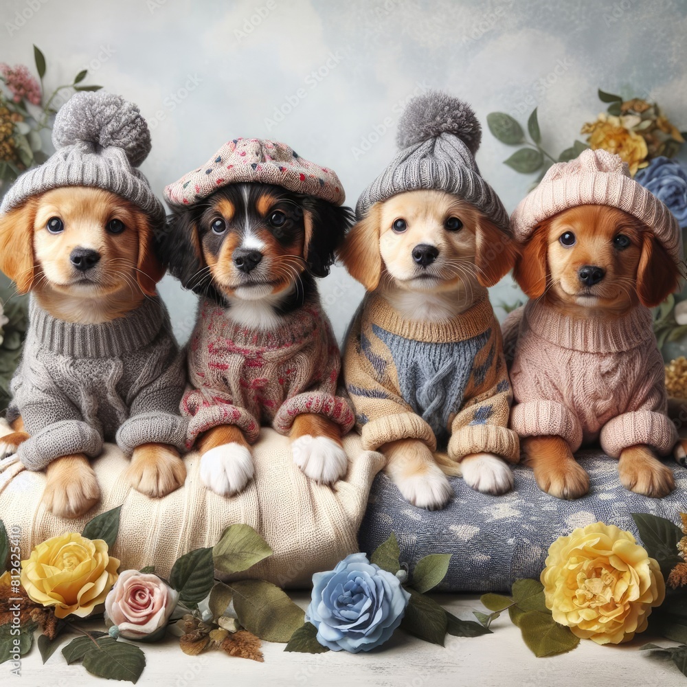 Obraz premium Many puppies wearing sweaters and hats image art attractive harmony lively illustrator.