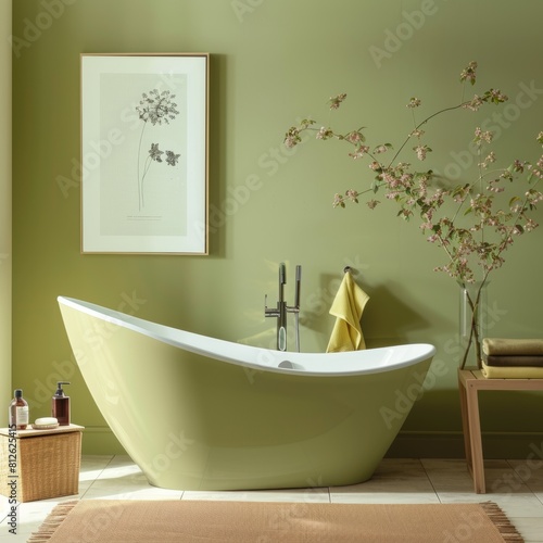 Soft Green Bathroom with Elegant Freestanding Tub and Minimalist Decor