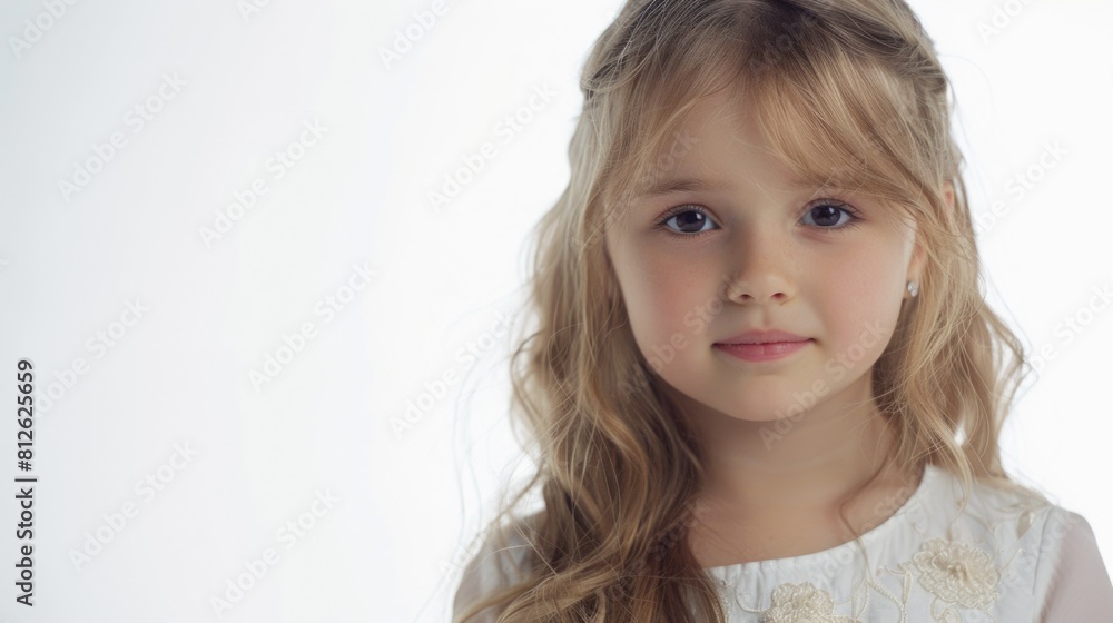 A little girl with long blonde hair wearing a white dress. Suitable for various concepts A little girl with long blonde hair wearing a white dress. Suitable for various concepts