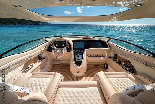 Sleek and stylish interior of an open bow motor boat with beige leather seats, black details, and white fabric on the floor, and a clear glass roof, set against a backdrop of sparkling blue water.