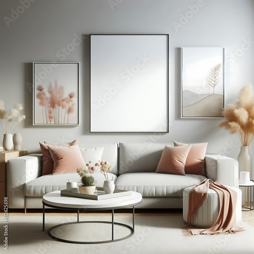 A living room with a couch and a coffee table image realistic lively.