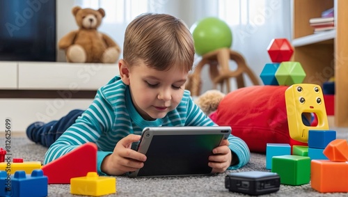 A young child engrossed in using a tablet or smartphone, surrounded by toys and books, highlighting the evolving role of technology in childhood education and entertainment.
