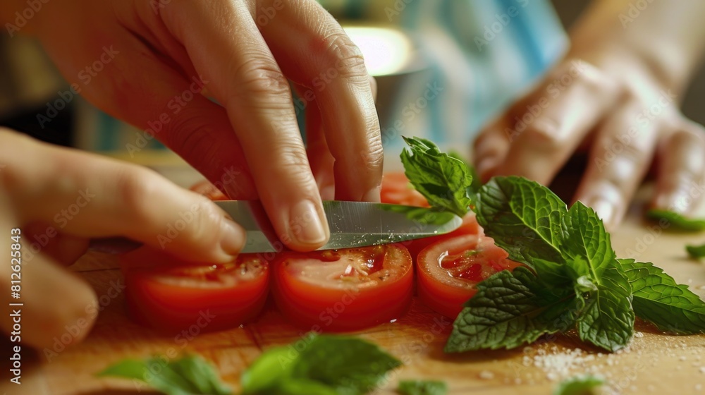 A person cutting tomatoes with a knife on a cutting board. Suitable for cooking or food preparation concepts A person cutting tomatoes with a knife on a cutting board. Suitable for cooking or food preparation concepts