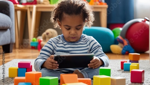 A young child engrossed in using a tablet or smartphone, surrounded by toys and books, highlighting the evolving role of technology in childhood education and entertainment.