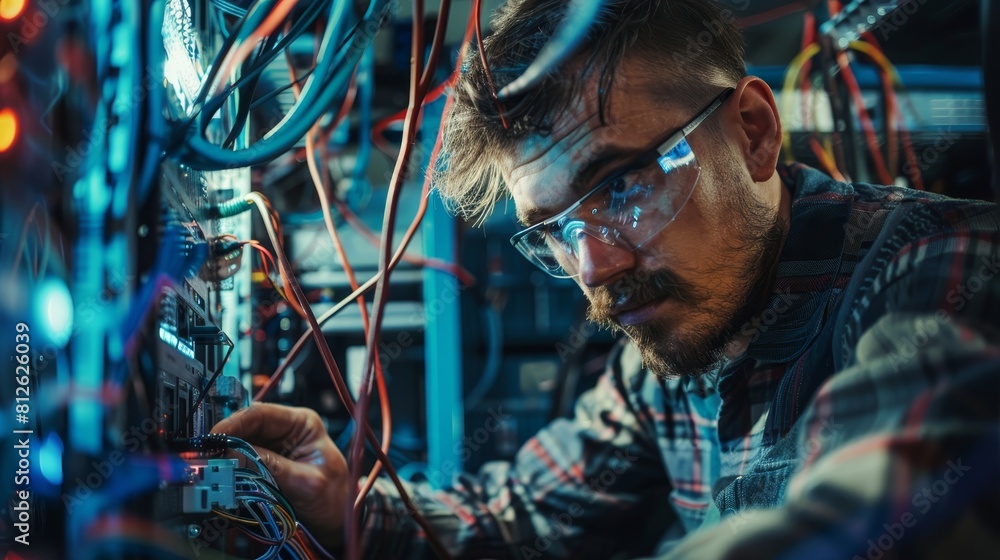 Serious young technician repairing server in datacenter. Selective focus Serious young technician repairing server in datacenter. Selective focus