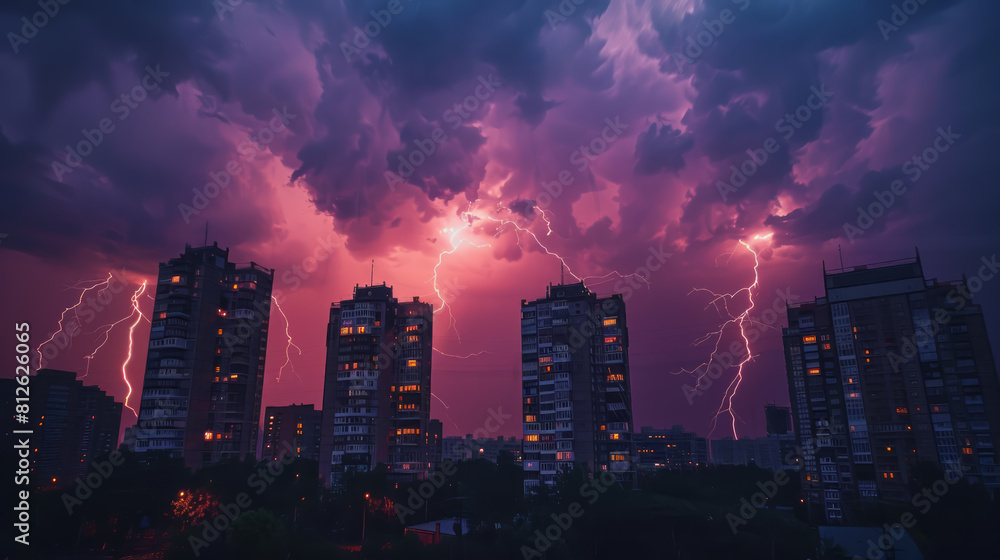 A dramatic purple sky during a thunderstorm, with lightning illuminating the night over urban high-rise buildings.