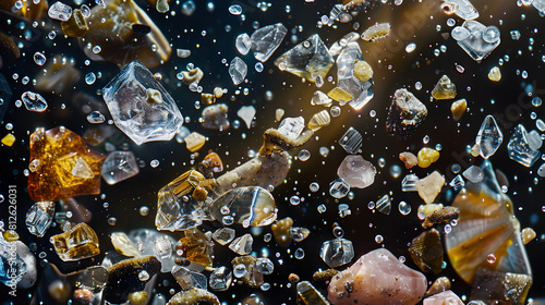 Close-up of crystals in water on a black background. Macro