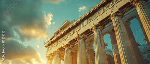 Golden sunset casting a warm glow on the weathered columns of an ancient Greek temple, symbolizing history and architecture.
