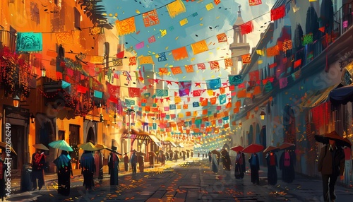 Visualize a vibrant festival procession winding through the streets, colorful banners fluttering in the breeze as music fills the air photo