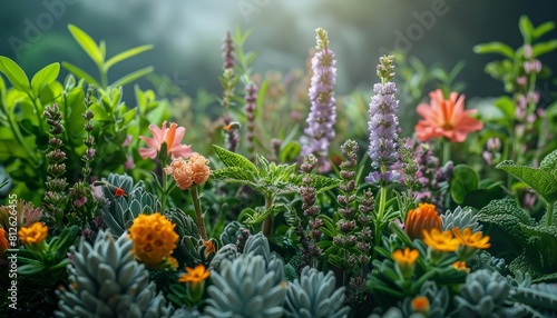 Visualize an herbal garden brimming with aromatic plants and flowers  their natural essences prized for their therapeutic properties