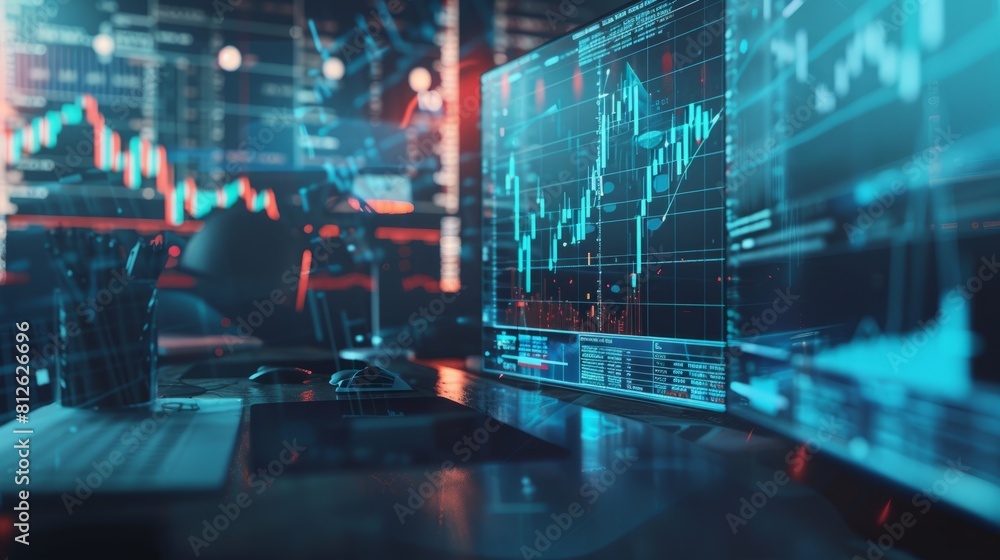 Multi exposure of chart and financial info and work space with computer background. Concept of international online trading. Digital finance and technology blend in a modern workspace Multi exposure of chart and financial info and work space with computer background. Concept of international online trading. Digital finance and technology blend in a modern workspace