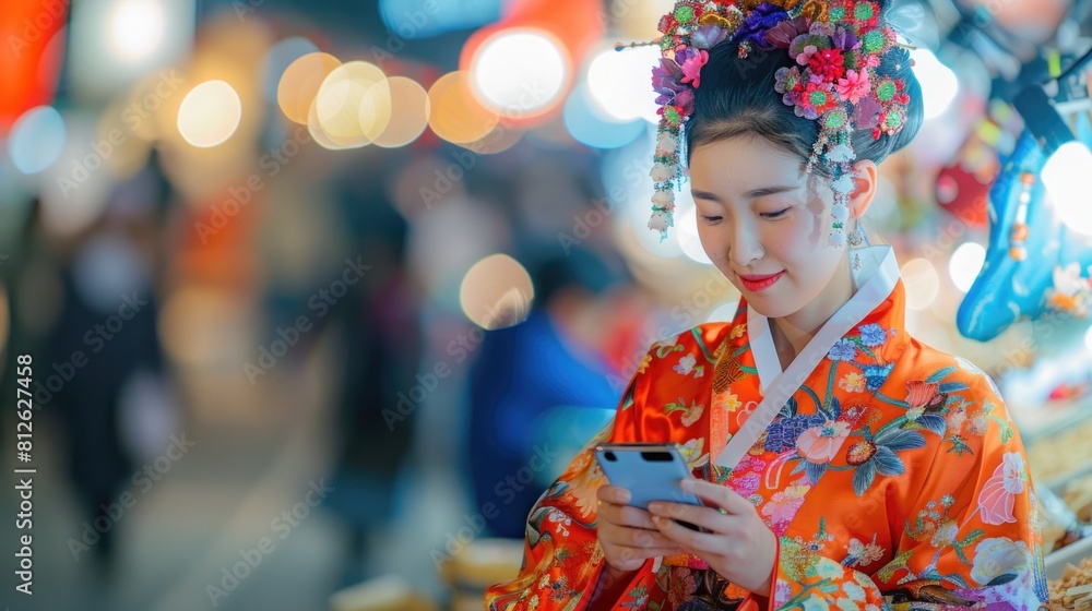 A stylish fashionista in a modern hanbok uses a smartphone while sitting in a busy urban park, city lights in the evening