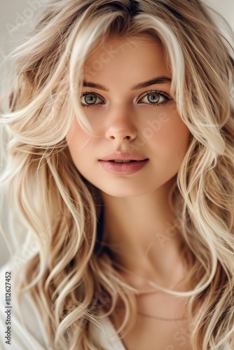 young sexy blonde woman on light grey background