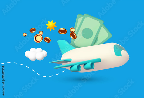 3D airplane travel concept. Booking service design. Flight cost.