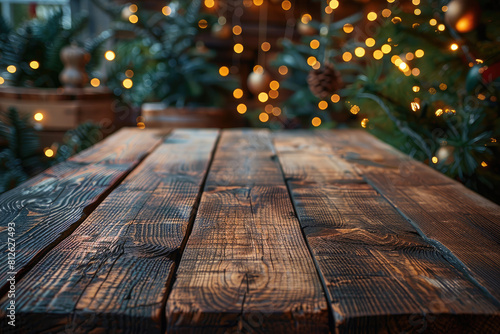 Vintage christmas background with wooden table. Created with Ai