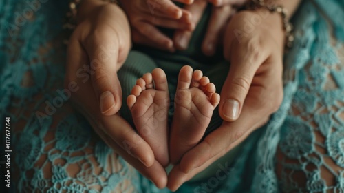 Close-up of a newborn baby's tiny feet in parents' hands, symbolizing care and protection --ar 16:9 Job ID: 451a34b0-46b6-4e3b-8ec7-b6e4b5baa075