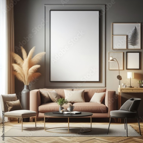 A living room with a template mockup poster empty white and with a couch and a coffee table standardscalex image photo has illustrative meaning used for printing. photo