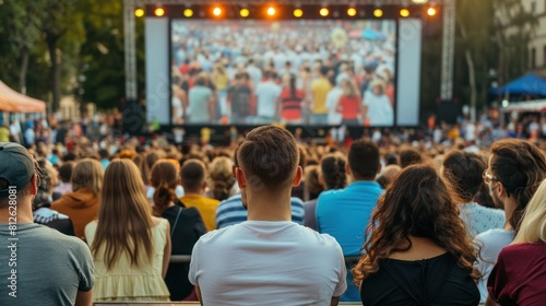 Crowds of supporters filling a town square, eagerly watching the big screen with excitement and anticipation during a public viewing event.