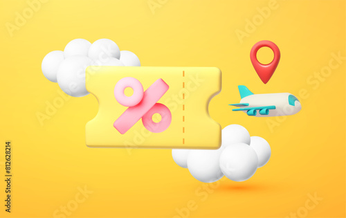 Discount airline boarding pass ticket concept. Vacation and tourist design with plane and clouds.