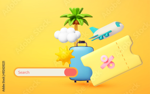 Discount vacation airline boarding pass ticket concept. Travel design with plane, suitcase, voucher, sun, percent sign and clouds.