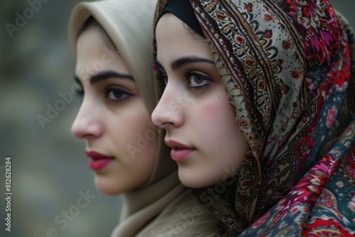 Close-up of two serene women wearing colorful headscarves, embodying cultural elegance © anatolir