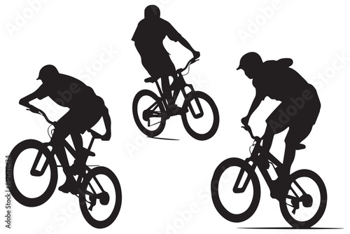 jumping bicyclist silhouettes white background