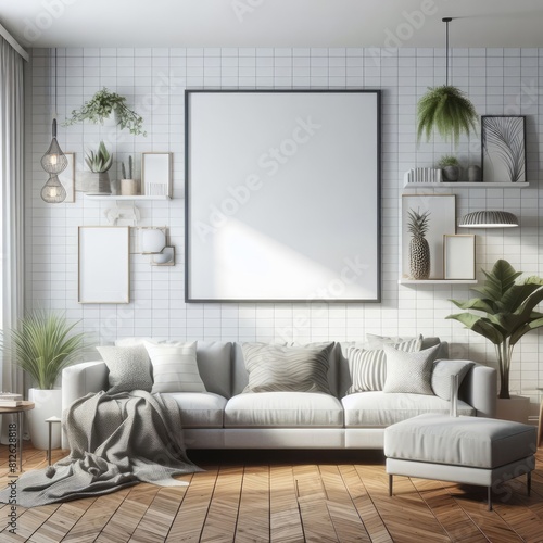 A living room with a template mockup poster empty white and with a couch and a picture frame image realistic harmony card design. photo