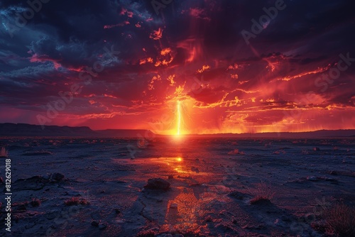Spectacular sunset with dramatic red clouds and light rays over a desert landscape, creating an otherworldly scene